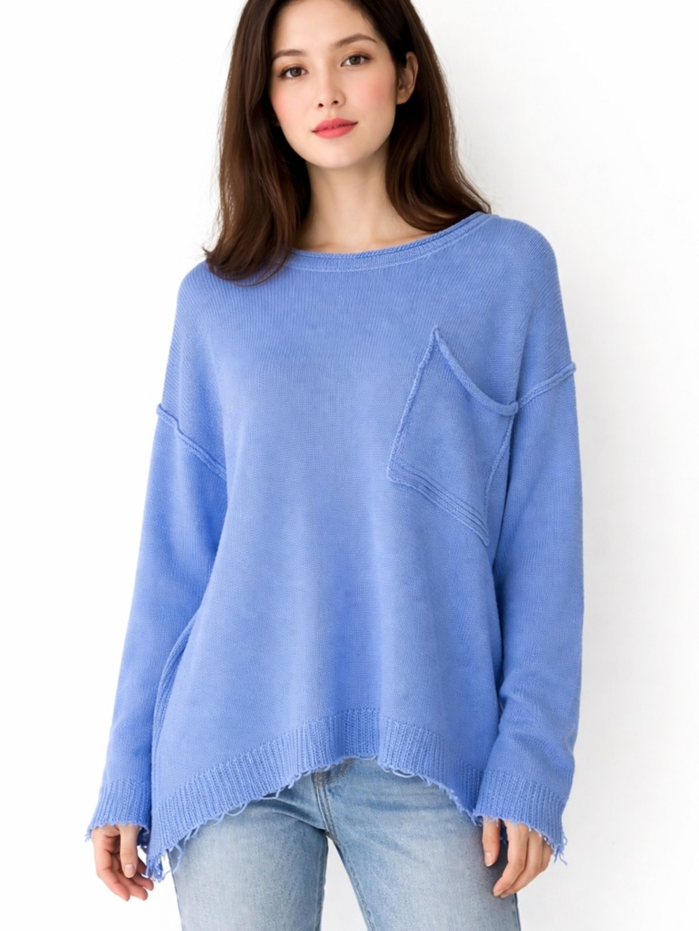 Easel Blue Oversized Slouchy Knit Sweater Raw Hem Boho Lagenlook Pocket Top